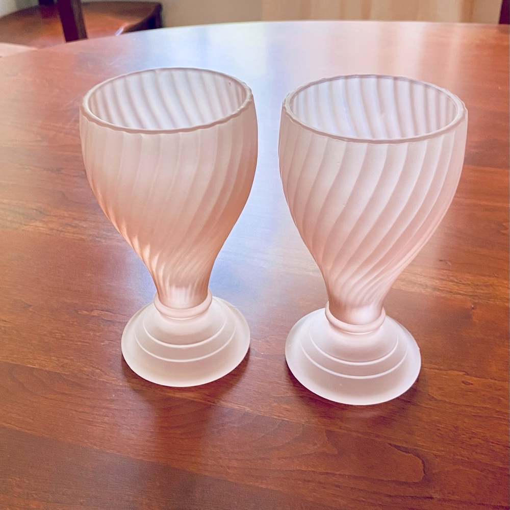 Set of two Vintage Pale Pink Swirl Satin Glass footed Tumblers